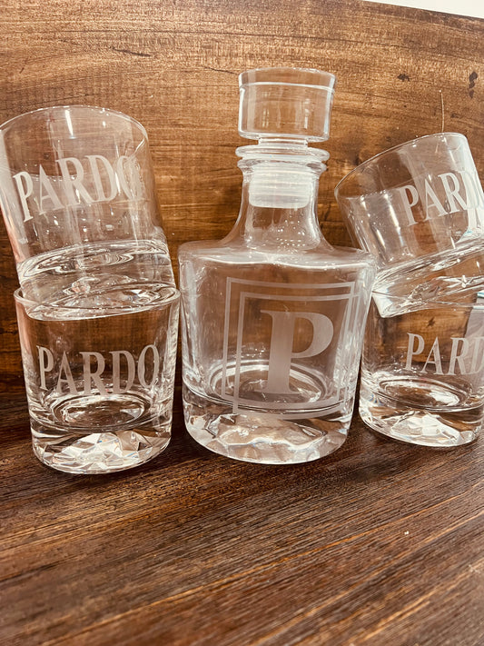 Etched Whiskey Decanter Set