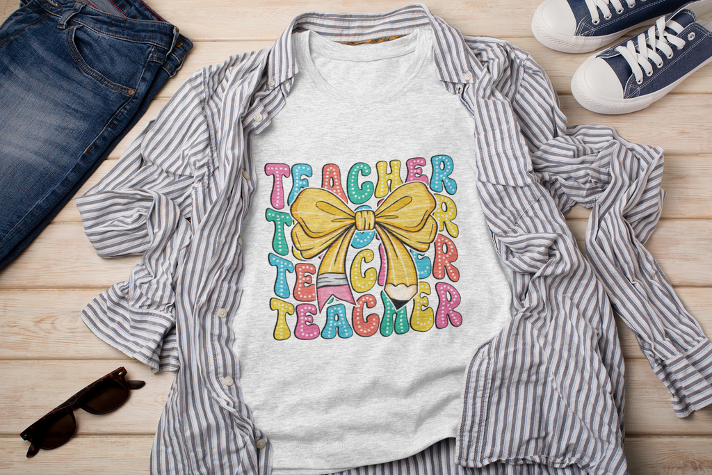 Trendy Teacher Coquette Shirt, Custom Teacher Shirt with Bow, Groovy Teacher Shirt
