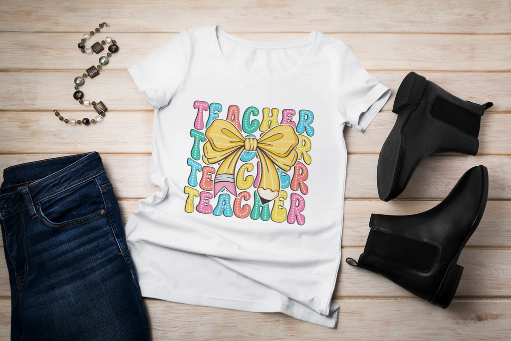 Trendy Teacher Coquette Shirt, Custom Teacher Shirt with Bow, Groovy Teacher Shirt